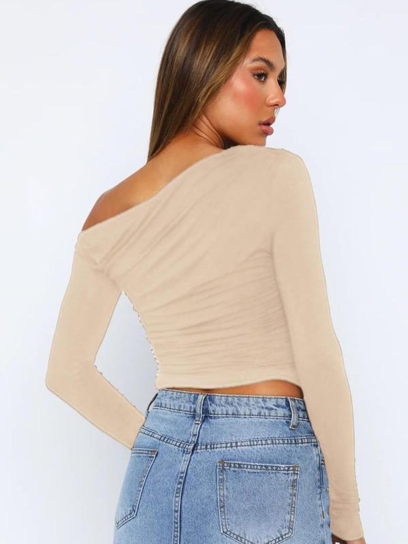 Women'S Plain Ruched Asymmetrical Neck Crop Tee, Elegant Top, Fashion Long Sleeve T-Shirt for Daily Outdoor Wear, Women Clothing for Fall & Winter